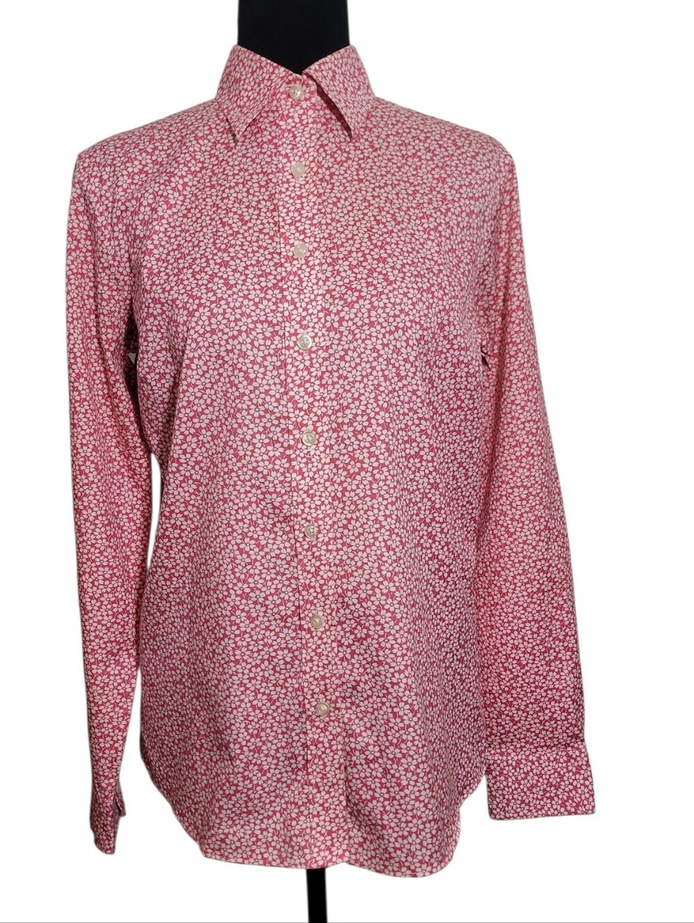 Lands' End pink white floral wonen's no iron oxford button down shirt size 6